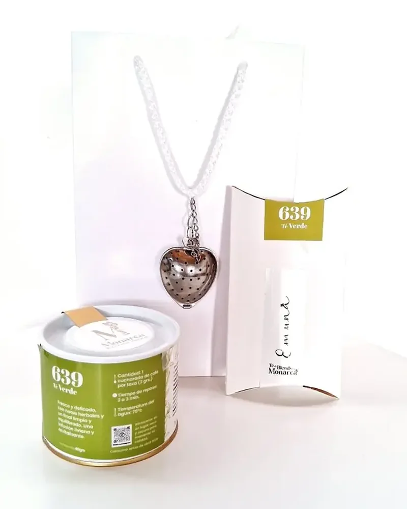 Lata verde, sobre y filtro de corazón del té Emuná 639